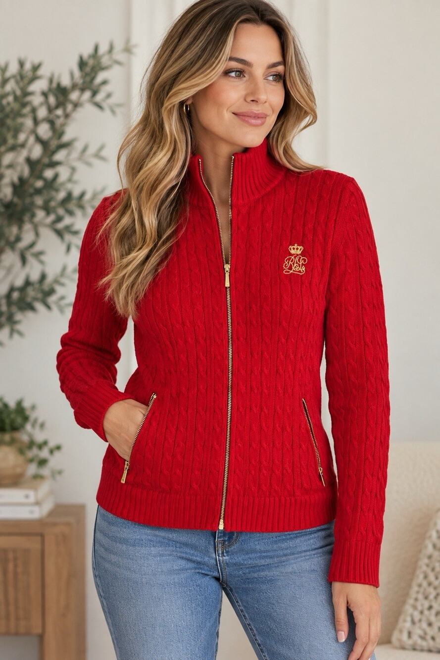 Lauren Ralph Lauren Sweater Womens M Red Cable Knit Full Zip Gold Crest Preppy